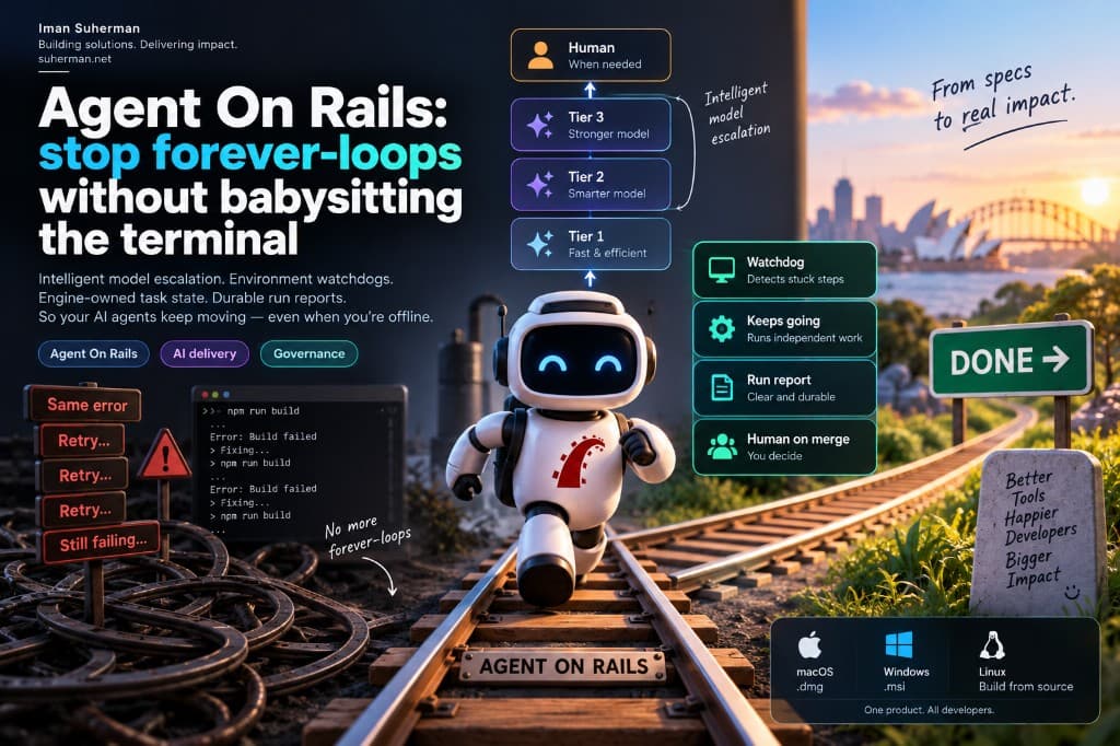 Agent On Rails — dari retry forever-loop ke DONE, dengan eskalasi model cerdas dan watchdog lingkungan