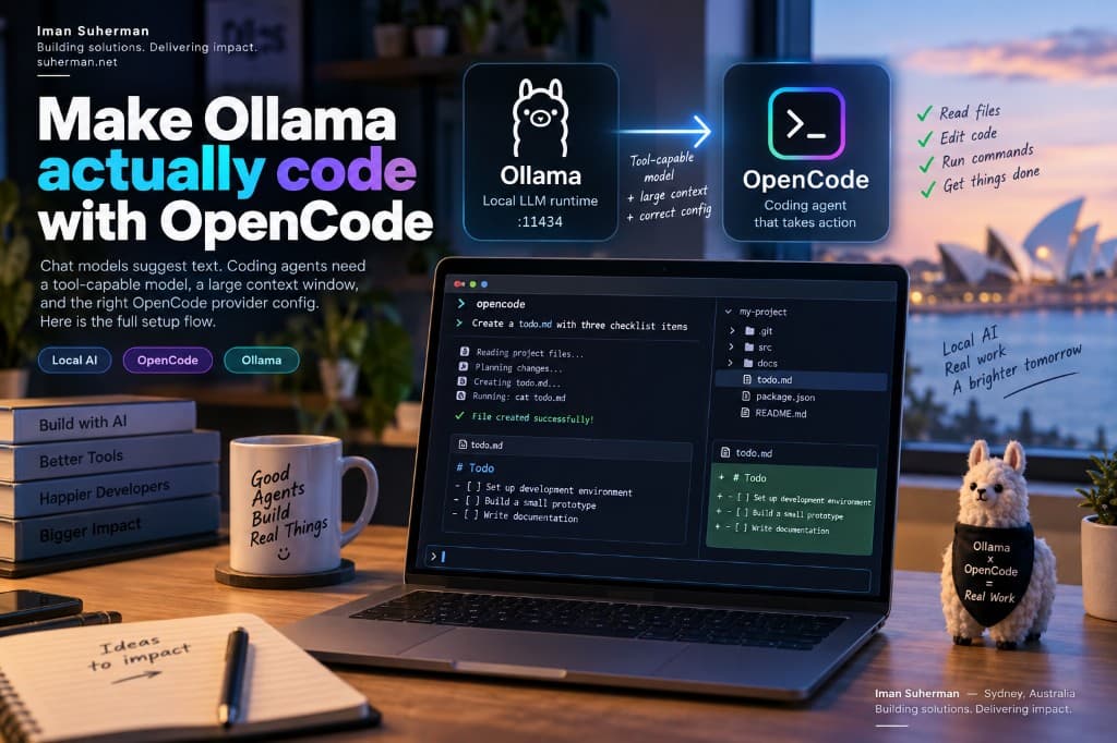 Biar Ollama benar-benar ngoding dengan OpenCode — runtime LLM lokal yang memberi makan coding agent untuk membaca file, mengedit kode, dan menjalankan perintah