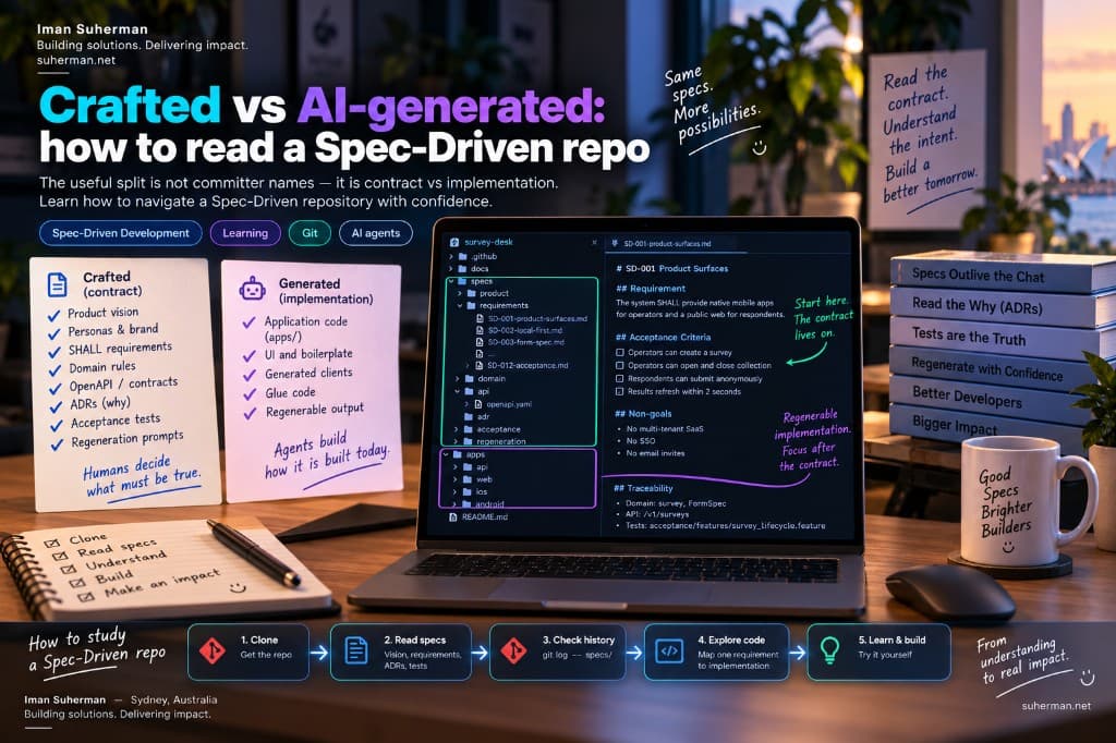 Crafted vs AI-generated — contract in specs/ versus regenerable implementation in apps/